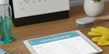 Detailed 2026 home maintenance checklist on a tablet with tools.