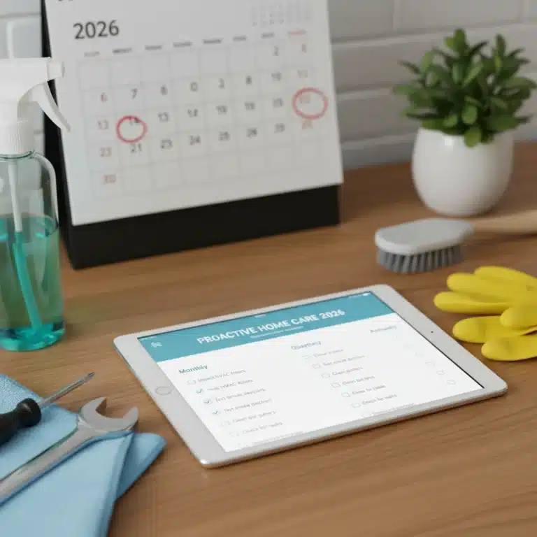 Detailed 2026 home maintenance checklist on a tablet with tools.