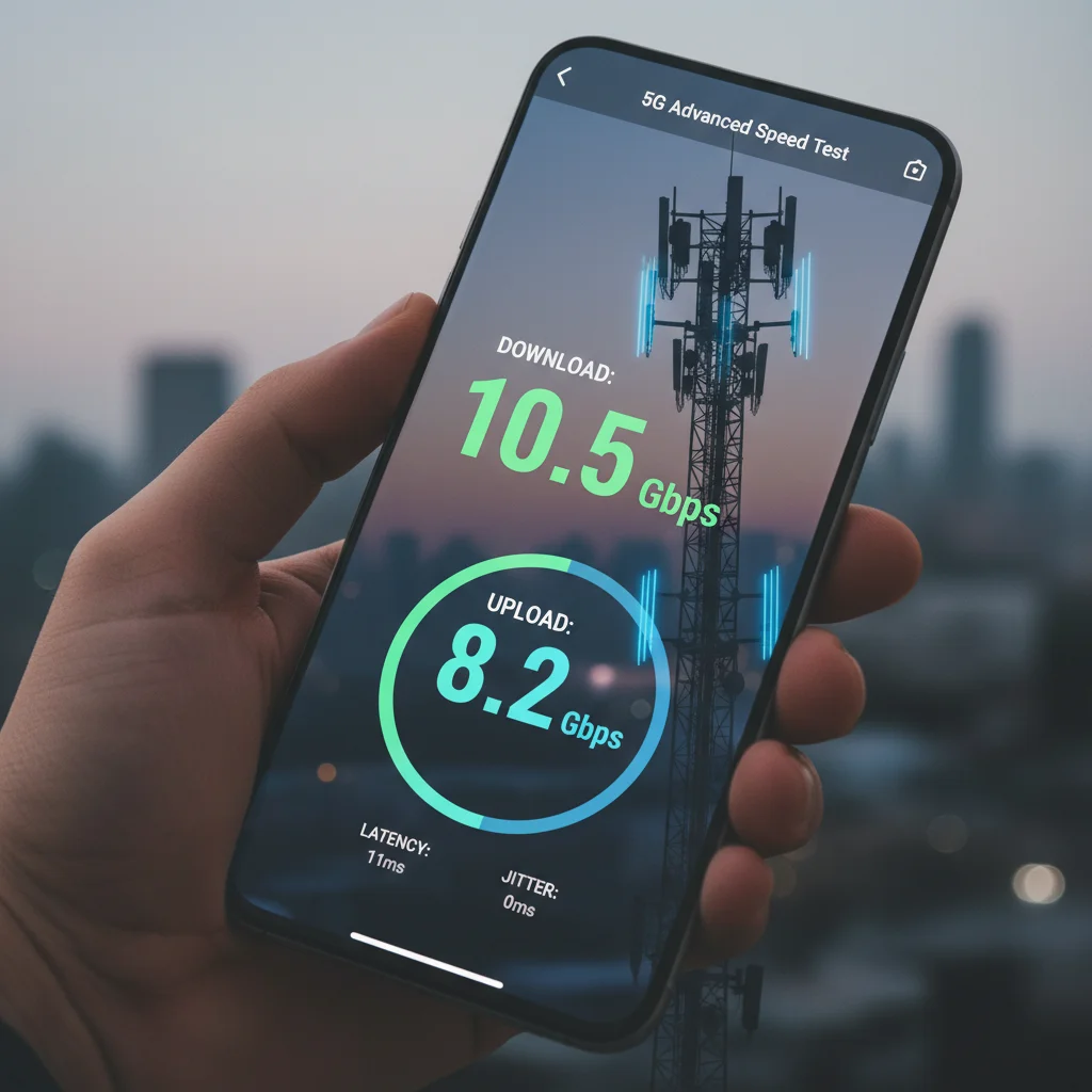 Smartphone displaying high-speed internet results from 5G Advanced network.