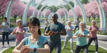 People using affordable health wearables in a park, showcasing diverse devices and wellness.
