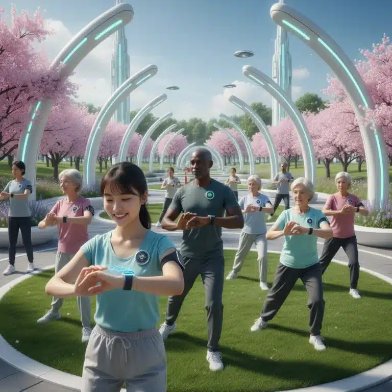 People using affordable health wearables in a park, showcasing diverse devices and wellness.