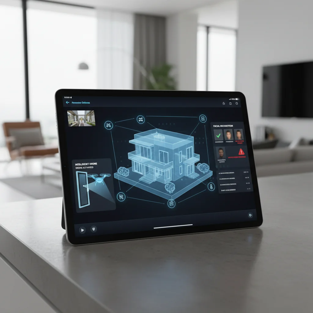 Advanced AI home security system with facial recognition and drone surveillance