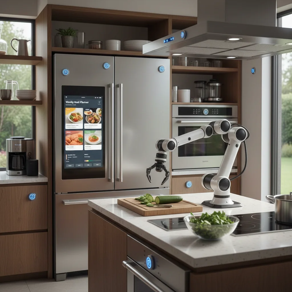 AI-powered smart kitchen with robotic assistance and connected appliances