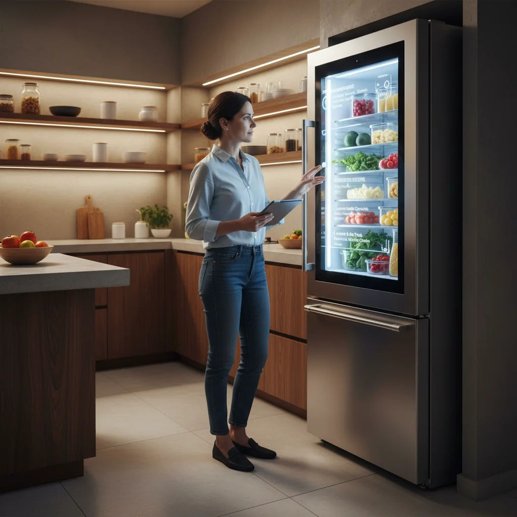 AI-powered smart refrigerator displaying contents and recipes