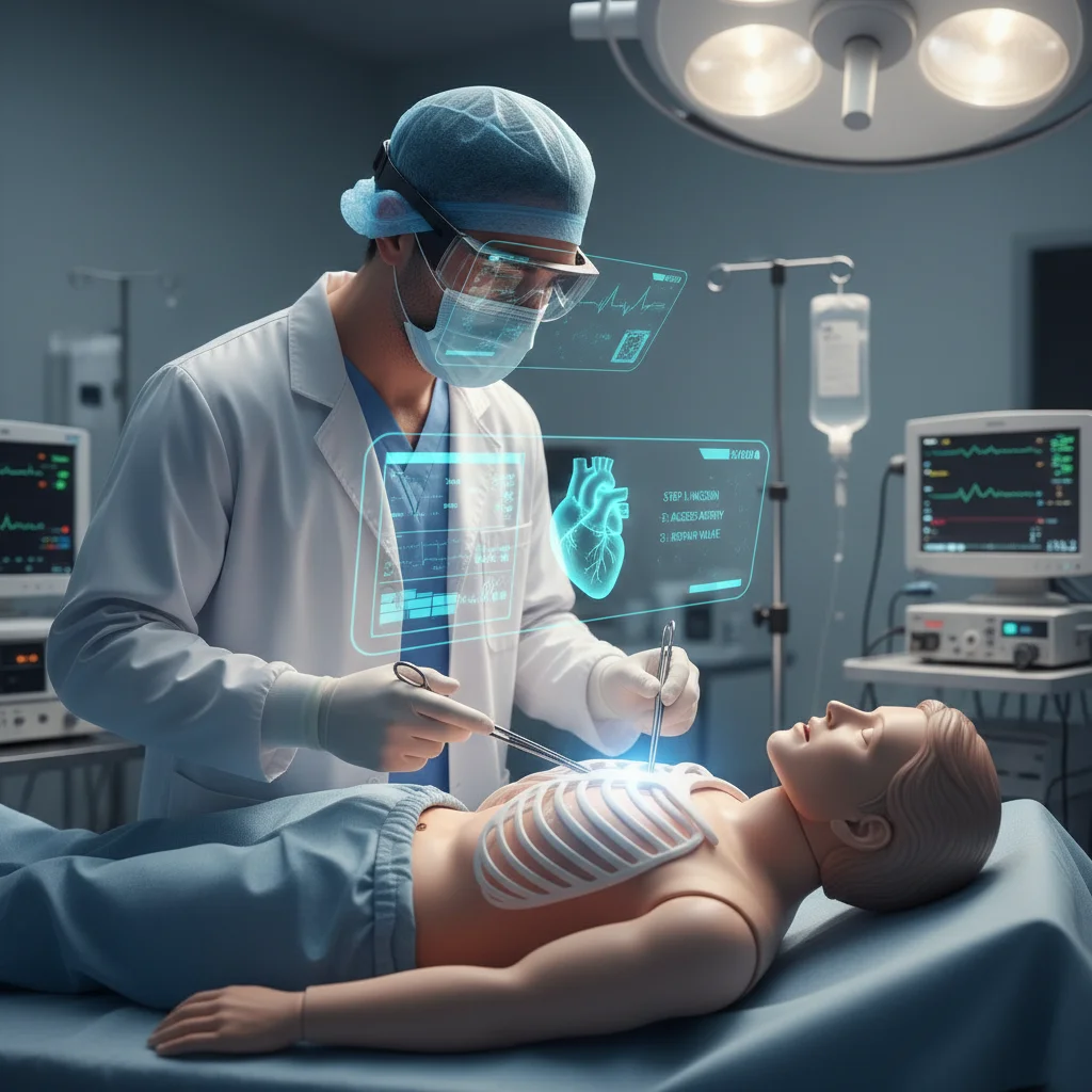 Surgeon performing a simulated operation with augmented reality smart glasses displaying real-time patient data and anatomical overlays.
