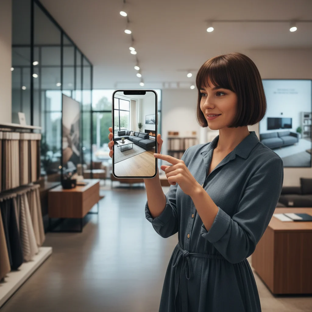Customer using augmented reality app to visualize furniture in their home before purchase in a retail store.