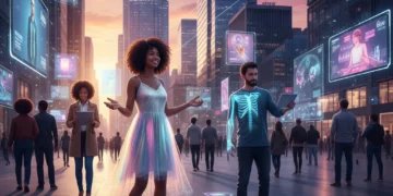 Augmented Reality: Transforming Everyday Life in 2026 US Augmented reality transforming daily life in urban US, showing virtual clothing try-on, AR navigation, and healthcare applications.