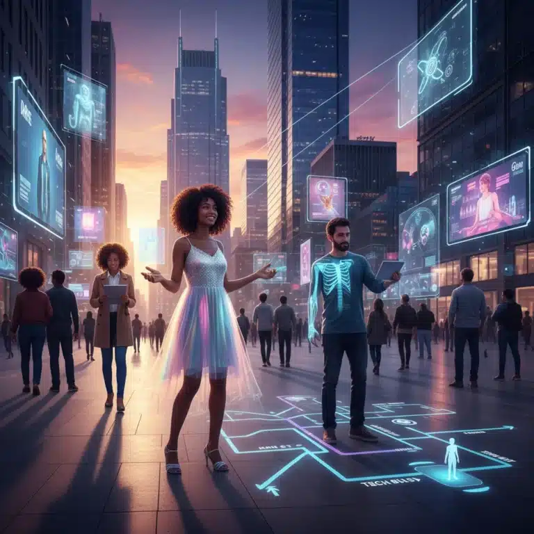Augmented reality transforming daily life in urban US, showing virtual clothing try-on, AR navigation, and healthcare applications.
