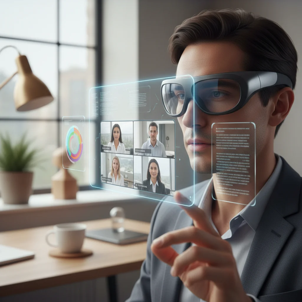 Person using augmented reality glasses for virtual meetings in a home office.