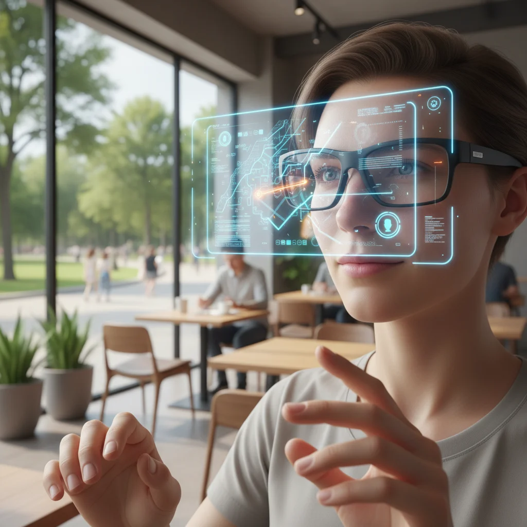 Person wearing advanced AR glasses interacting with a holographic interface in a real-world environment.