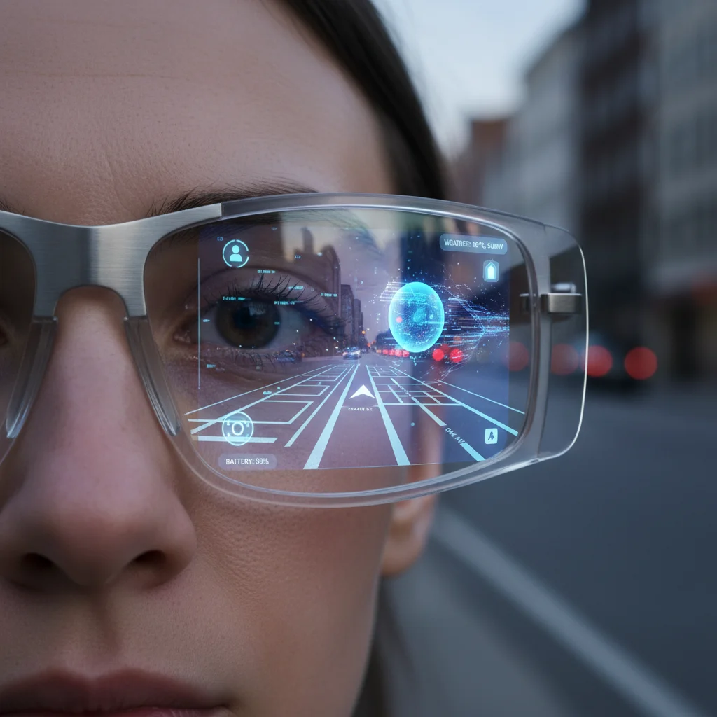 Advanced augmented reality glasses displaying holographic information.