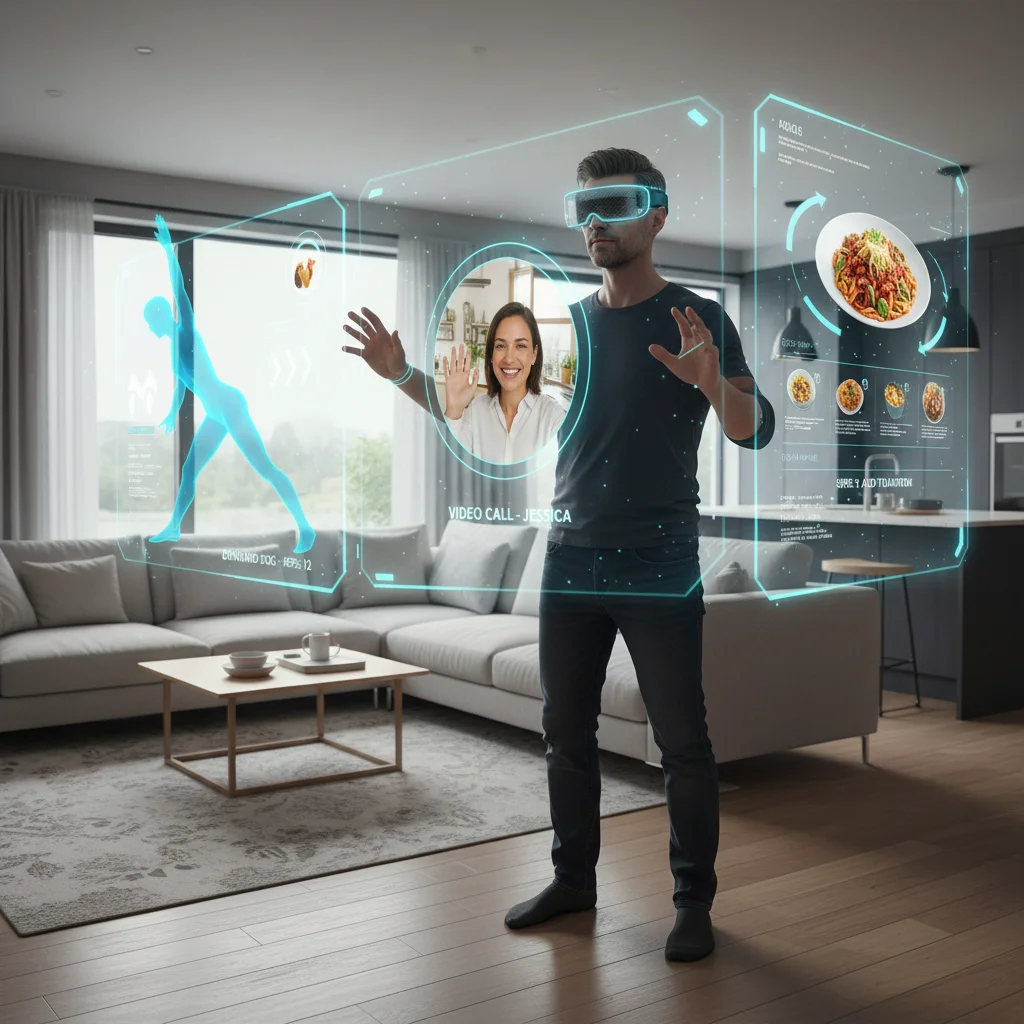 Person using augmented reality headset for entertainment and productivity