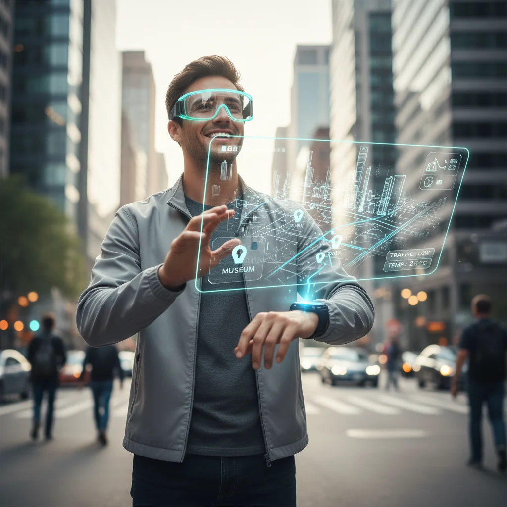 Person using augmented reality glasses for city navigation and exploration