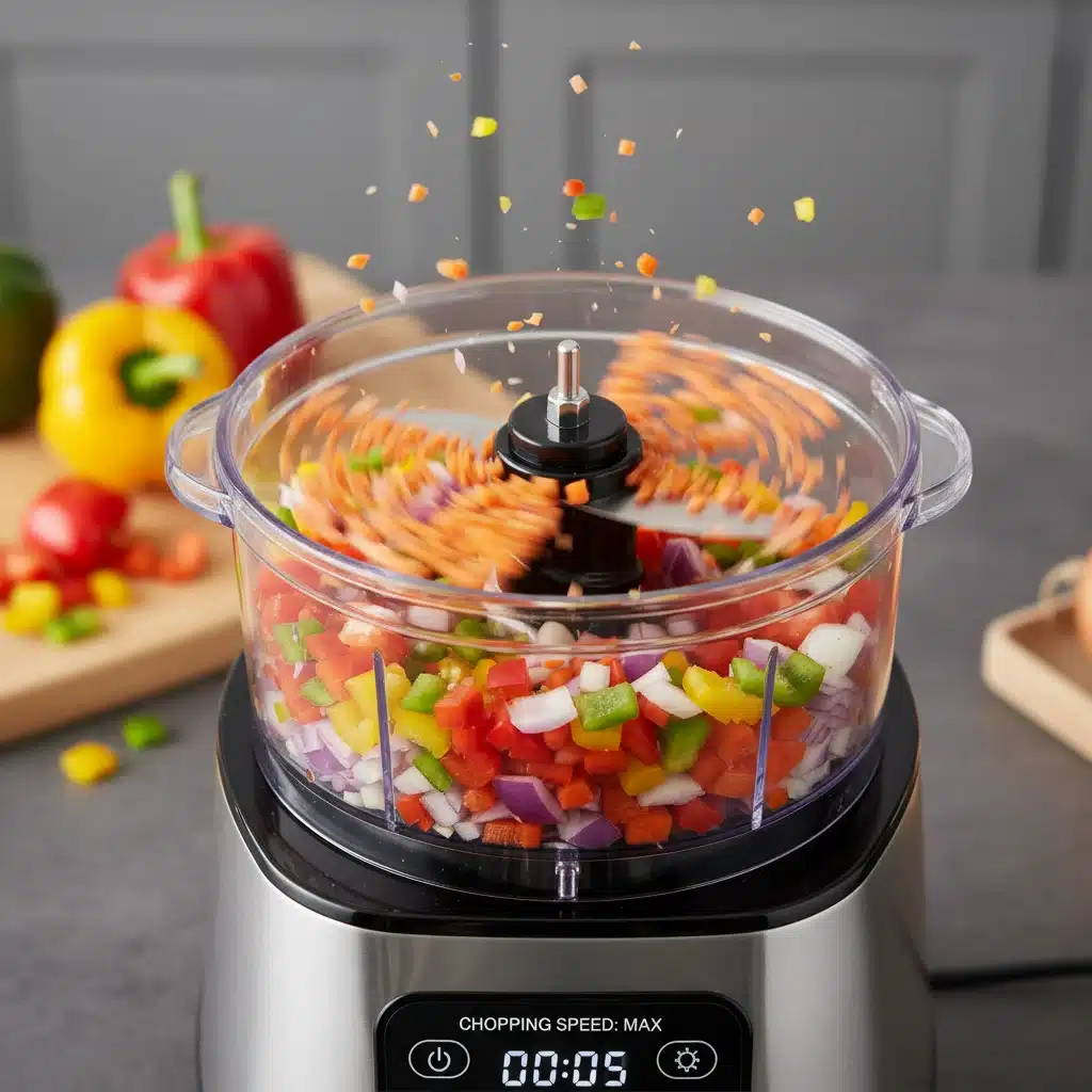 Automatic vegetable chopper efficiently dicing colorful vegetables