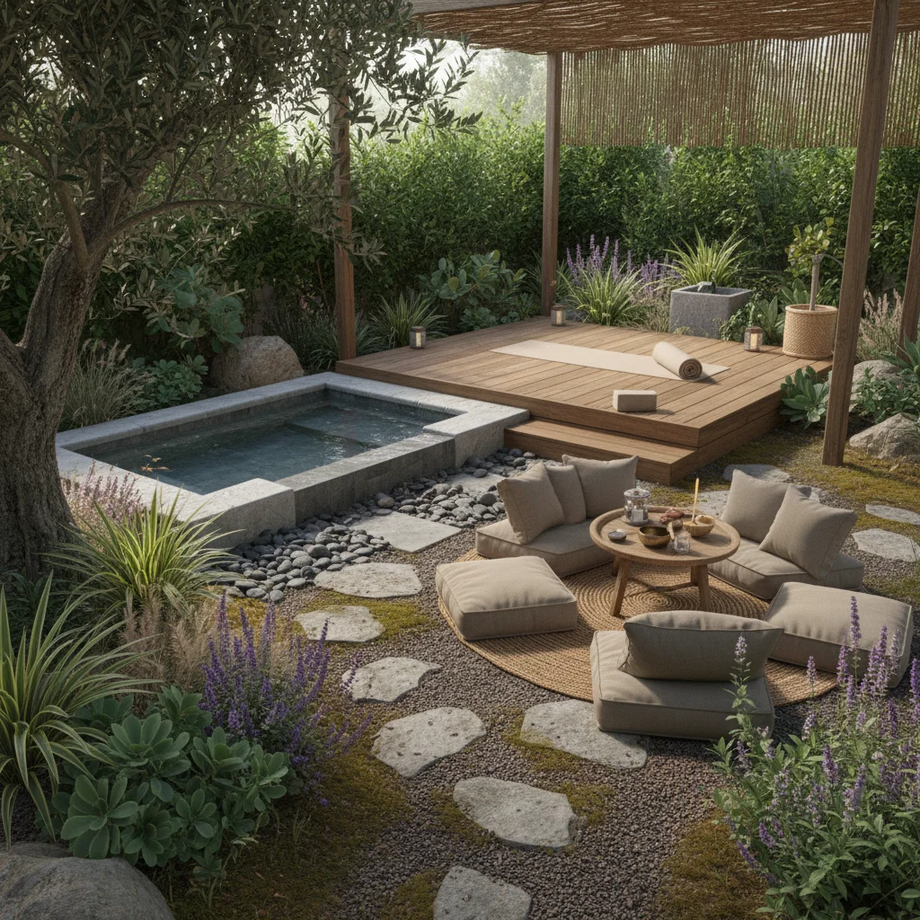 Backyard wellness retreat with plunge pool and yoga deck