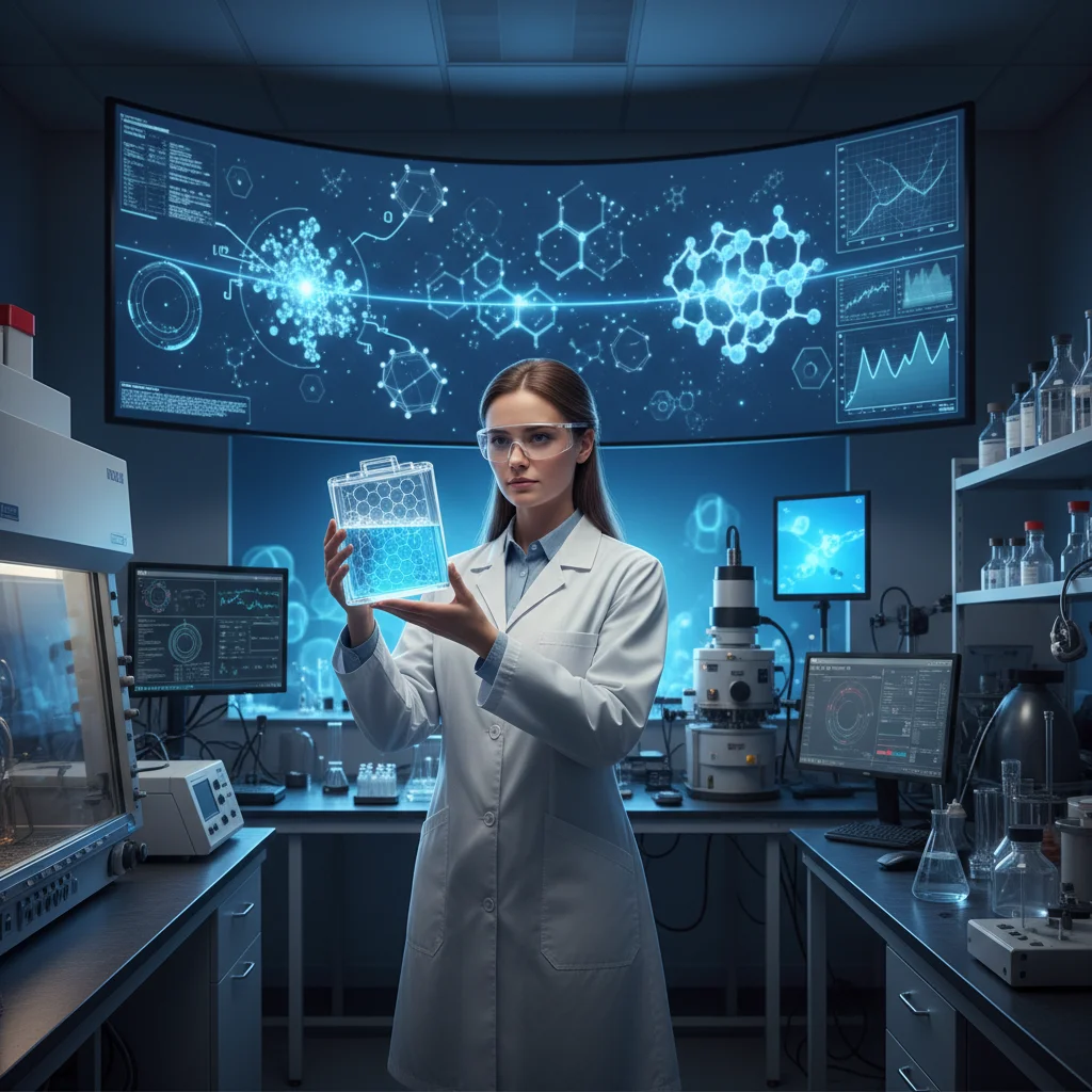 Scientist examining a transparent battery prototype in a research laboratory.