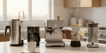 Collection of the best coffee makers for 2026 on a kitchen counter, ready for brewing.