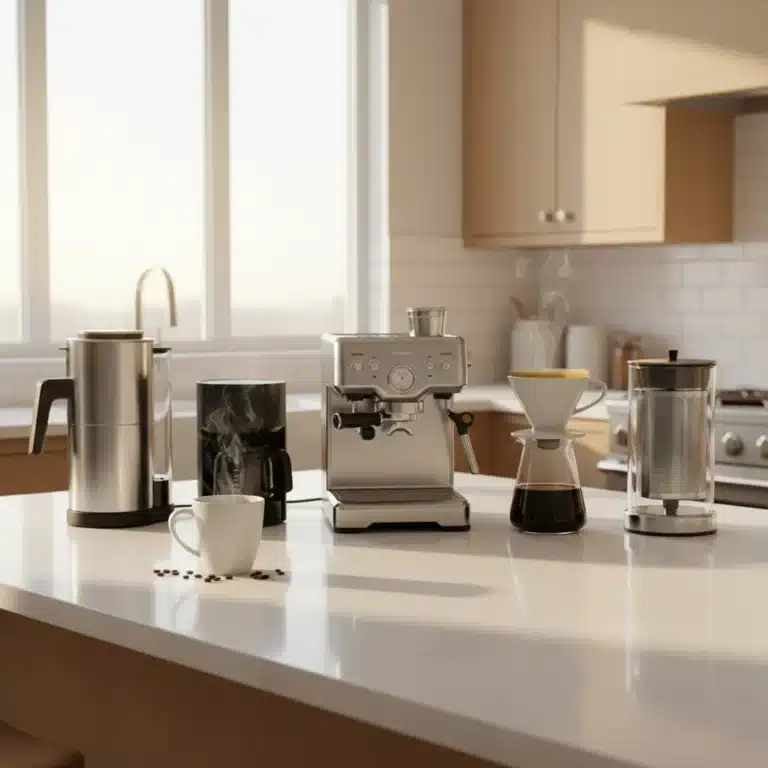 Collection of the best coffee makers for 2026 on a kitchen counter, ready for brewing.