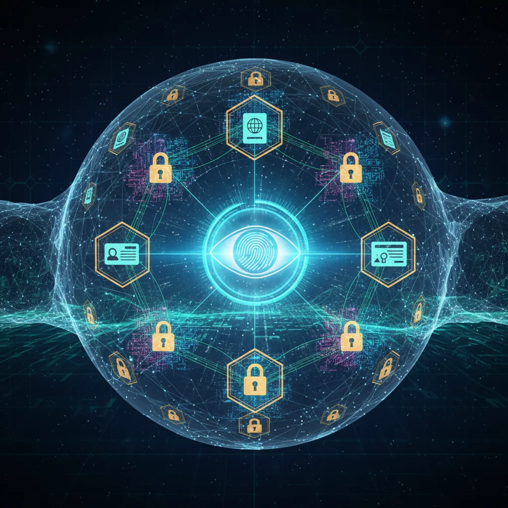 Secure digital identity management using blockchain, showing biometric data flowing into a decentralized, cryptographically secured network.