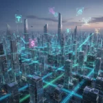 Beyond Crypto: Practical Blockchain Applications for Everyday US Tech in 2026 Futuristic cityscape showing interconnected blockchain applications in US tech by 2026, featuring digital lines and industry icons.