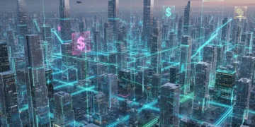 Beyond Crypto: Practical Blockchain Applications for Everyday US Tech in 2026 Futuristic cityscape showing interconnected blockchain applications in US tech by 2026, featuring digital lines and industry icons.