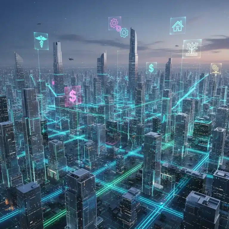 Futuristic cityscape showing interconnected blockchain applications in US tech by 2026, featuring digital lines and industry icons.