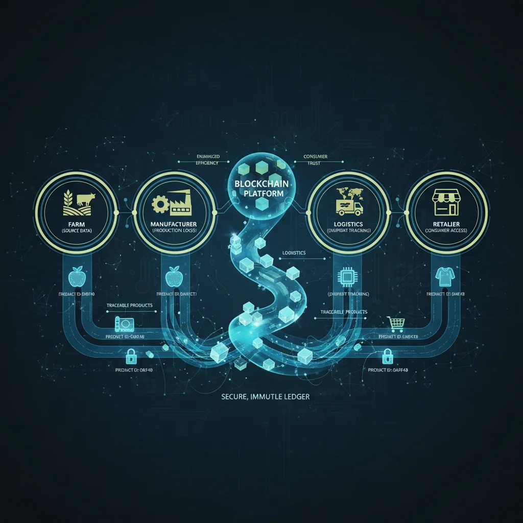 Blockchain-powered transparent supply chain diagram, showing product traceability from origin to consumer with secure, immutable ledger entries.
