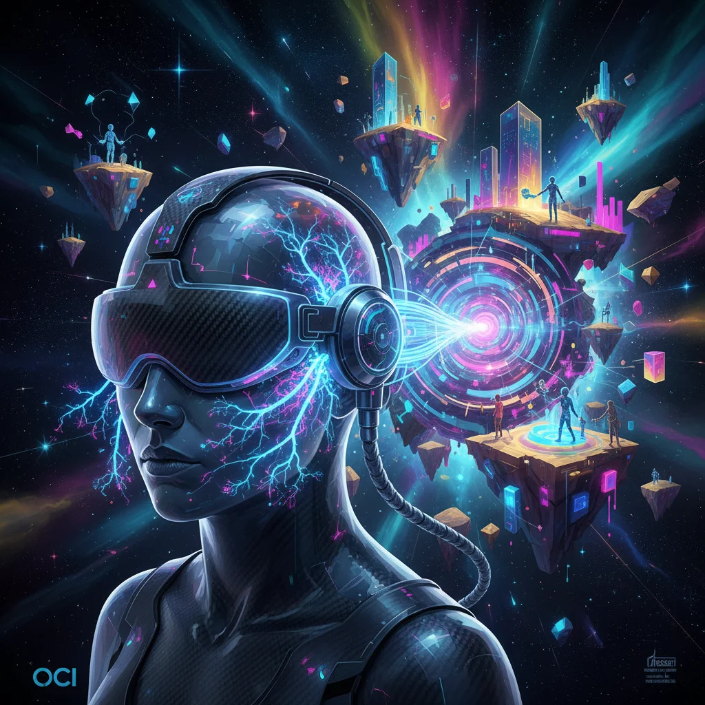 Brain-computer interface headset interacting with a metaverse environment.