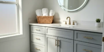 Modern budget bathroom remodel with updated vanity and mirror