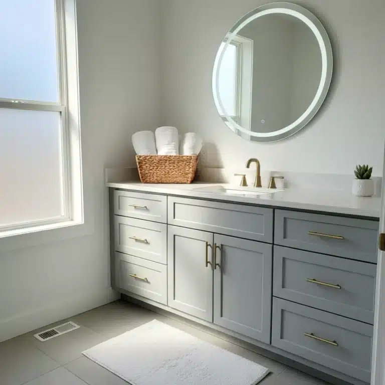 Modern budget bathroom remodel with updated vanity and mirror