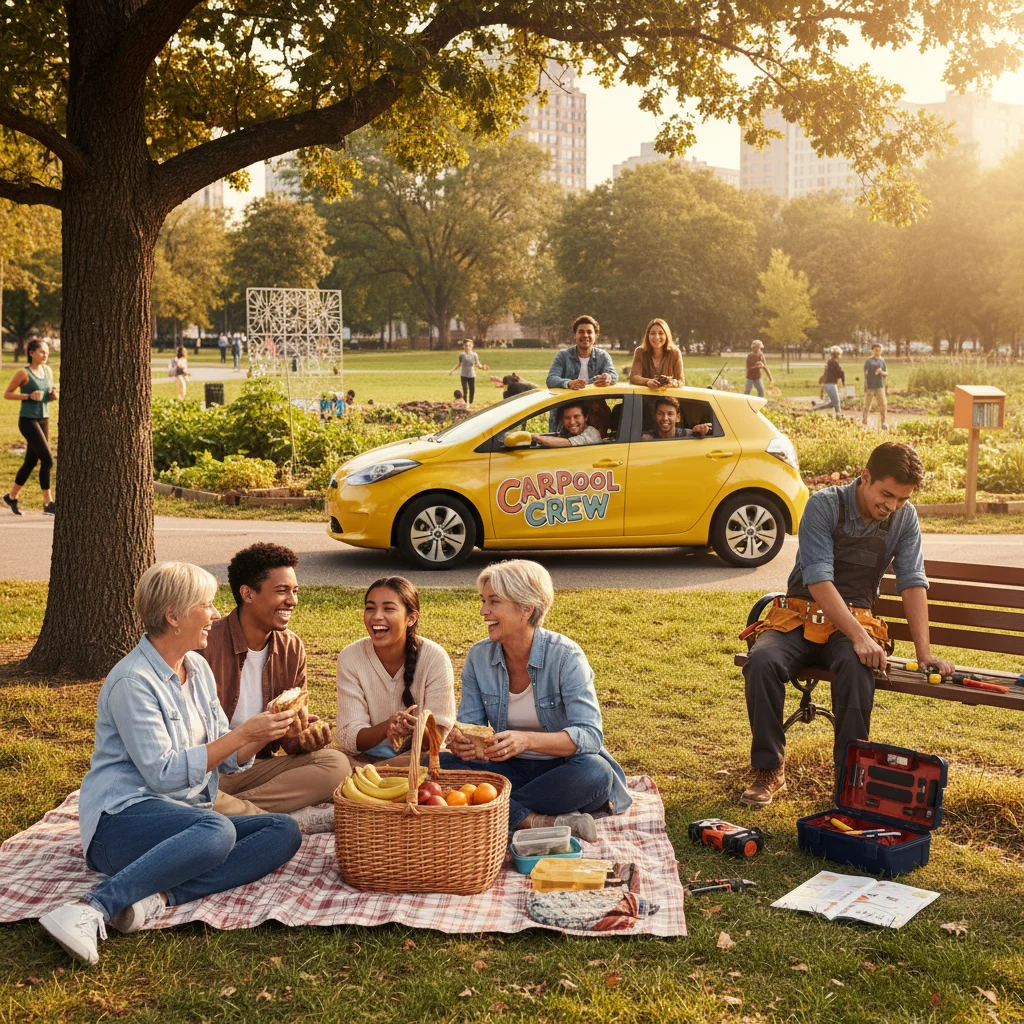 People engaging in budget-friendly activities like picnicking, carpooling, and DIY projects, highlighting community and resourcefulness.