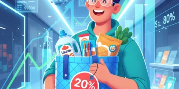 Illustration of a person with budget-friendly shopping, showing 20% savings and financial growth in 2026.