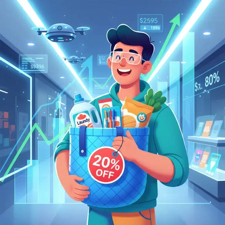 Illustration of a person with budget-friendly shopping, showing 20% savings and financial growth in 2026.