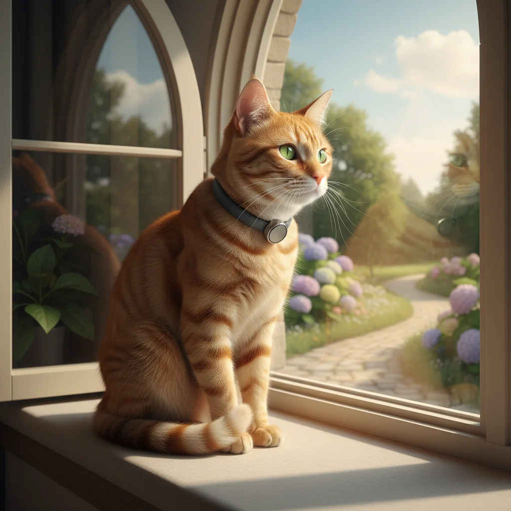 Cat wearing a GPS tracker collar by a window