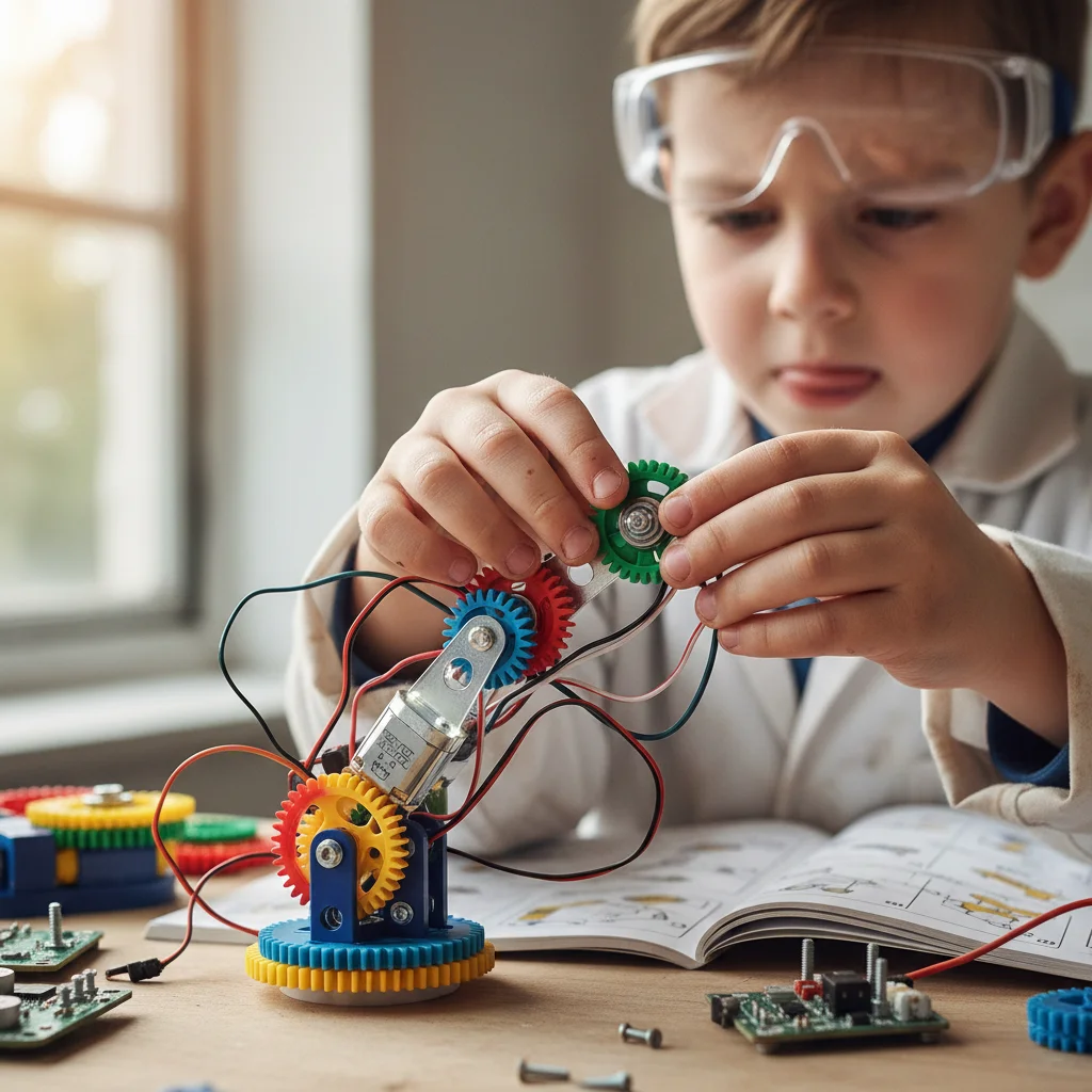Child's hands assembling a robotic arm from a STEM kit, demonstrating engineering skills.
