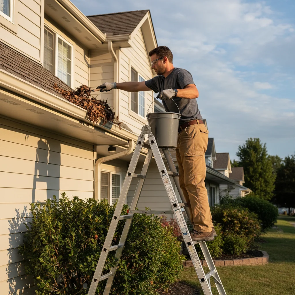 Cleaning roof gutters of leaves and debris.
