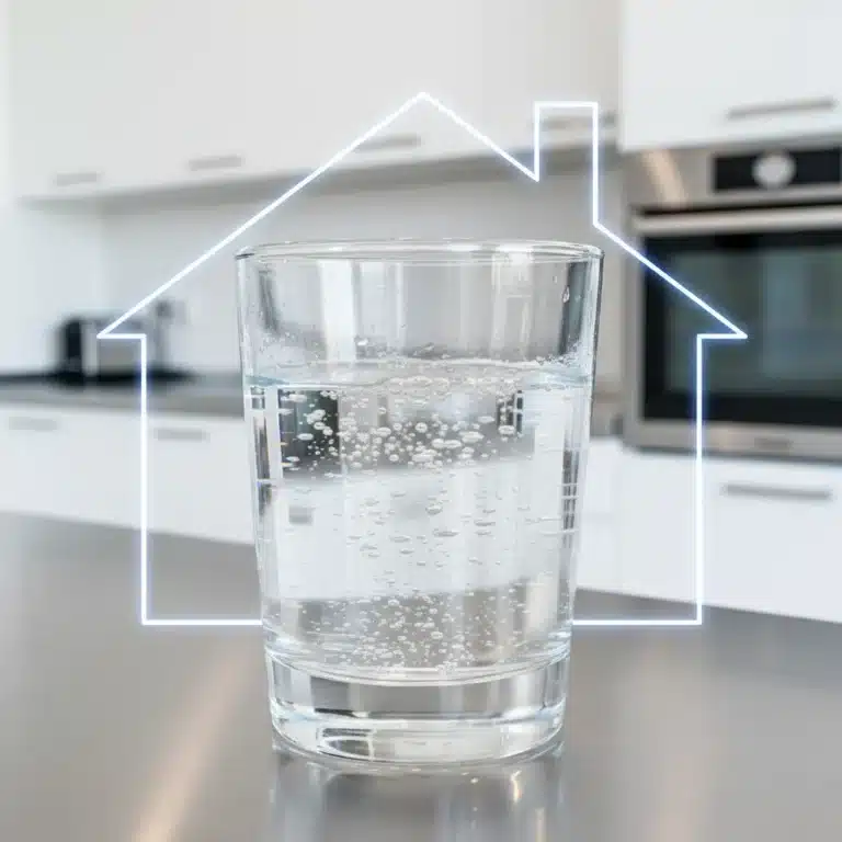 Crystal clear water in a glass, symbolizing the benefits of home water filtration.