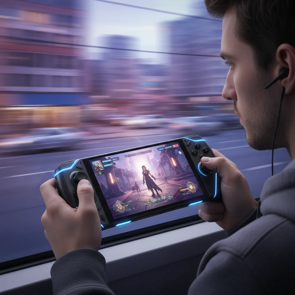 Person playing a high-fidelity game on a portable cloud gaming handheld device.