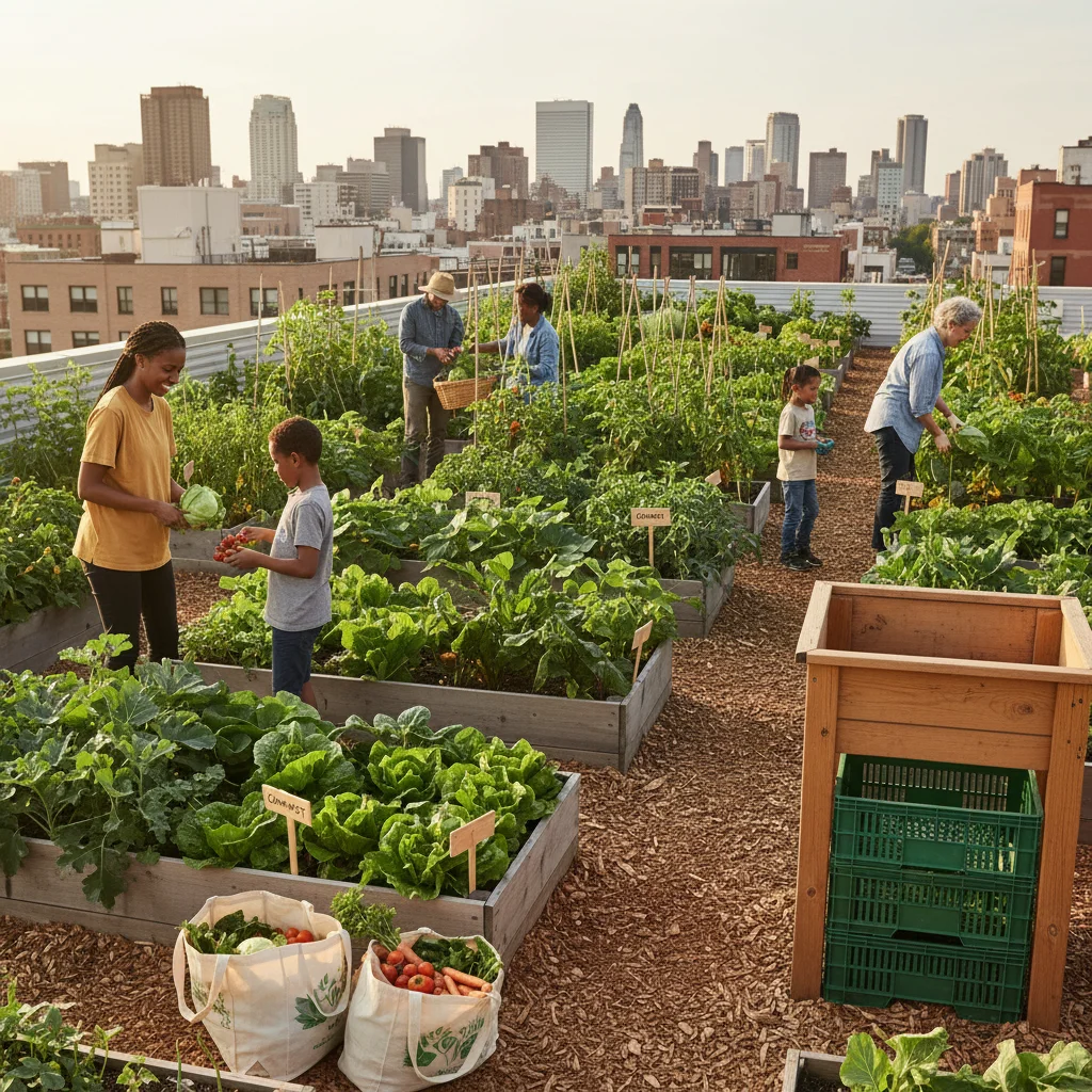Community garden with people harvesting organic produce and composting bins