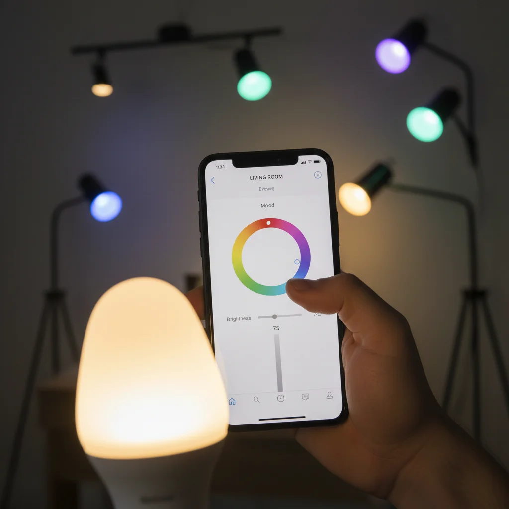 Hand controlling smart LED bulb settings with a smartphone app