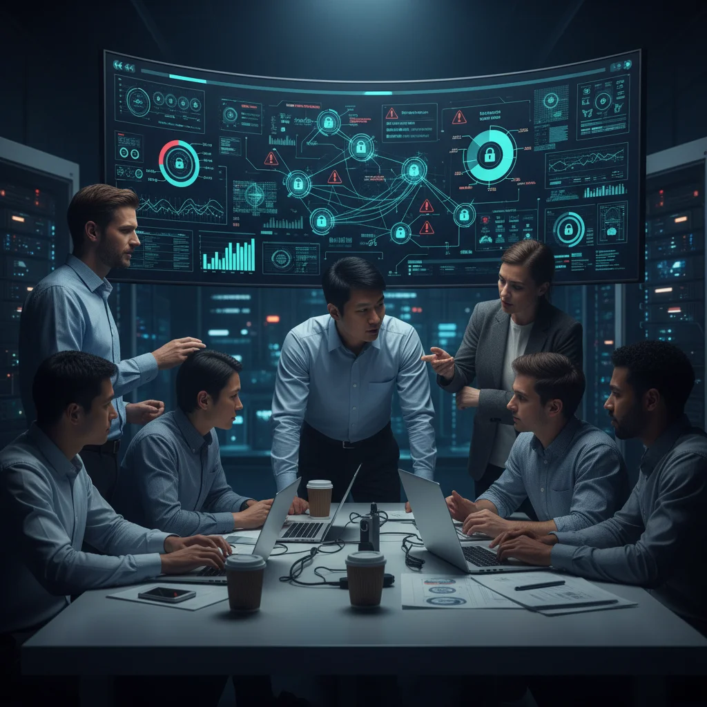 Cybersecurity team collaborating on a data protection dashboard, ensuring robust US tech privacy measures.