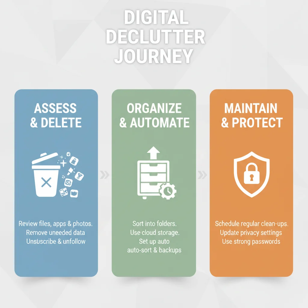 Infographic detailing the three steps for effective digital decluttering.