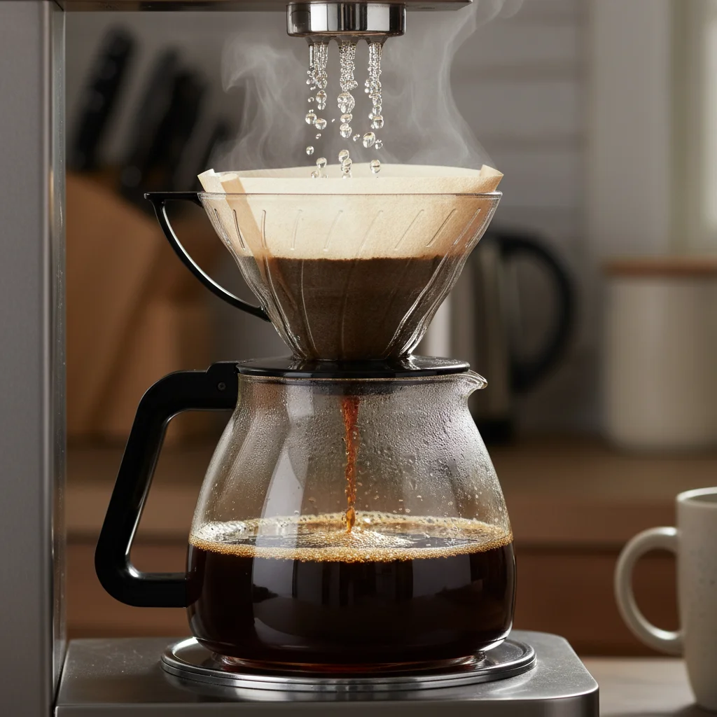 Drip coffee maker brewing fresh coffee into a glass carafe.