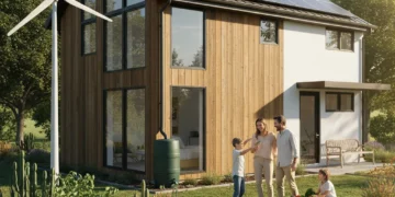 Eco-friendly U.S. home with solar panels and sustainable garden showing family savings