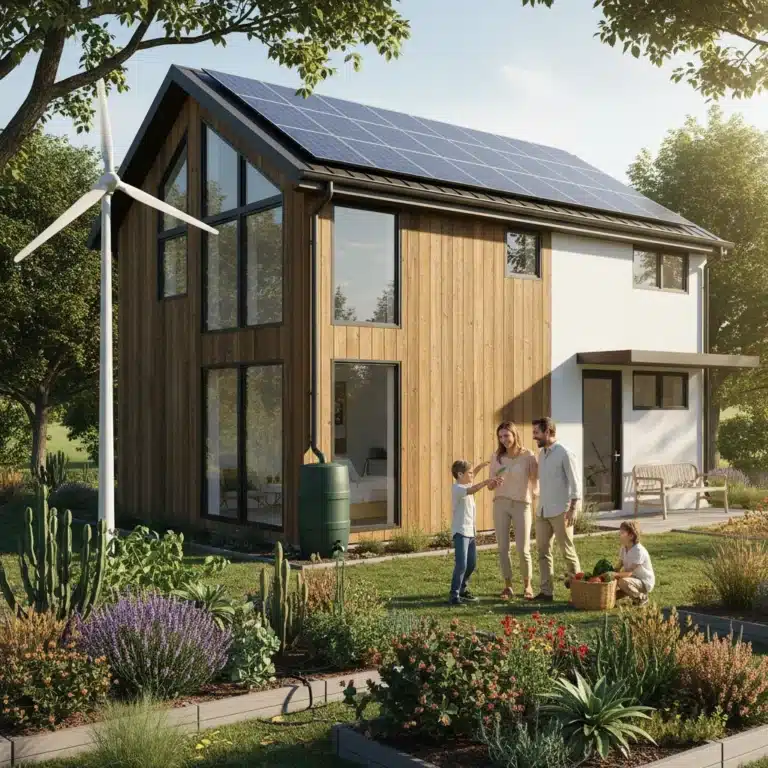 Eco-friendly U.S. home with solar panels and sustainable garden showing family savings