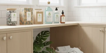 Eco-friendly laundry detergents on a shelf in a modern, bright laundry room.