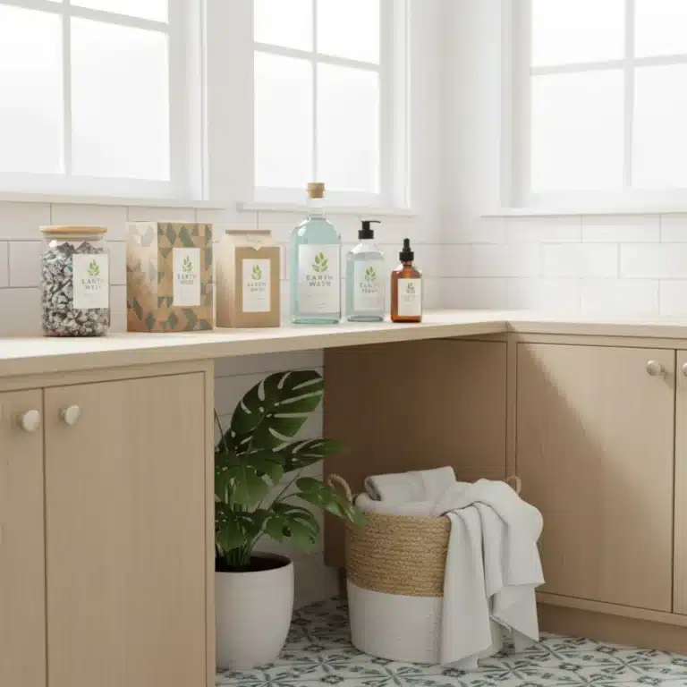 Eco-friendly laundry detergents on a shelf in a modern, bright laundry room.