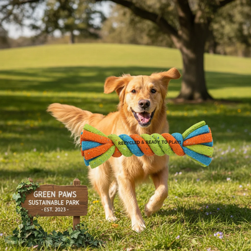 Dog playing with an eco-friendly, sustainable pet toy made from recycled materials
