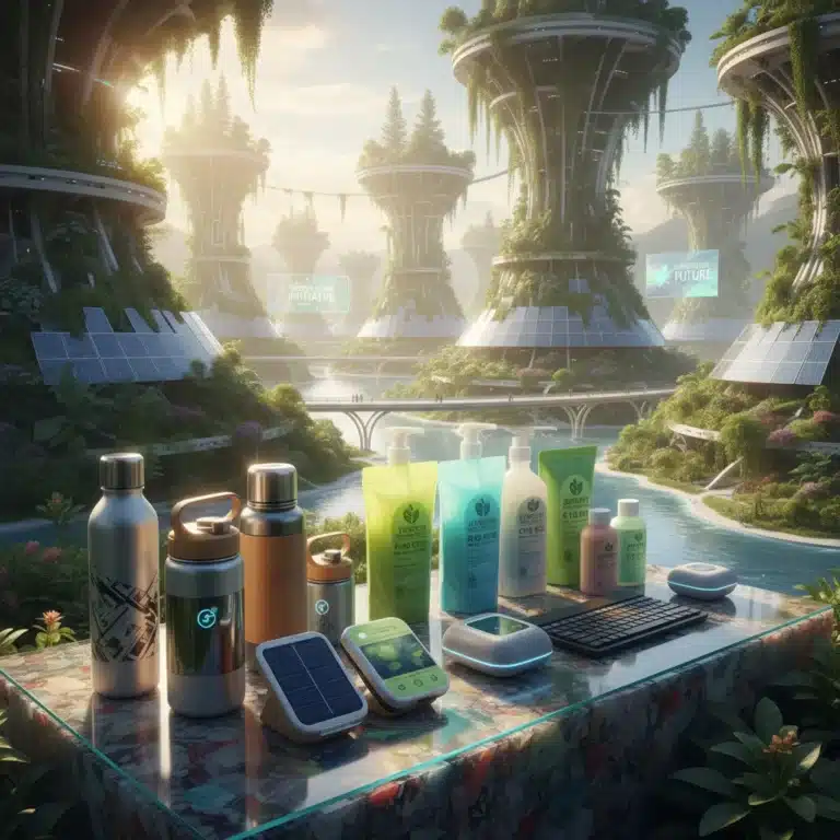 Collection of innovative eco-friendly products symbolizing a sustainable future in 2026.