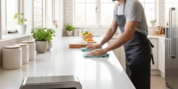 Person quickly wiping kitchen counter, illustrating efficient daily cleaning hacks.
